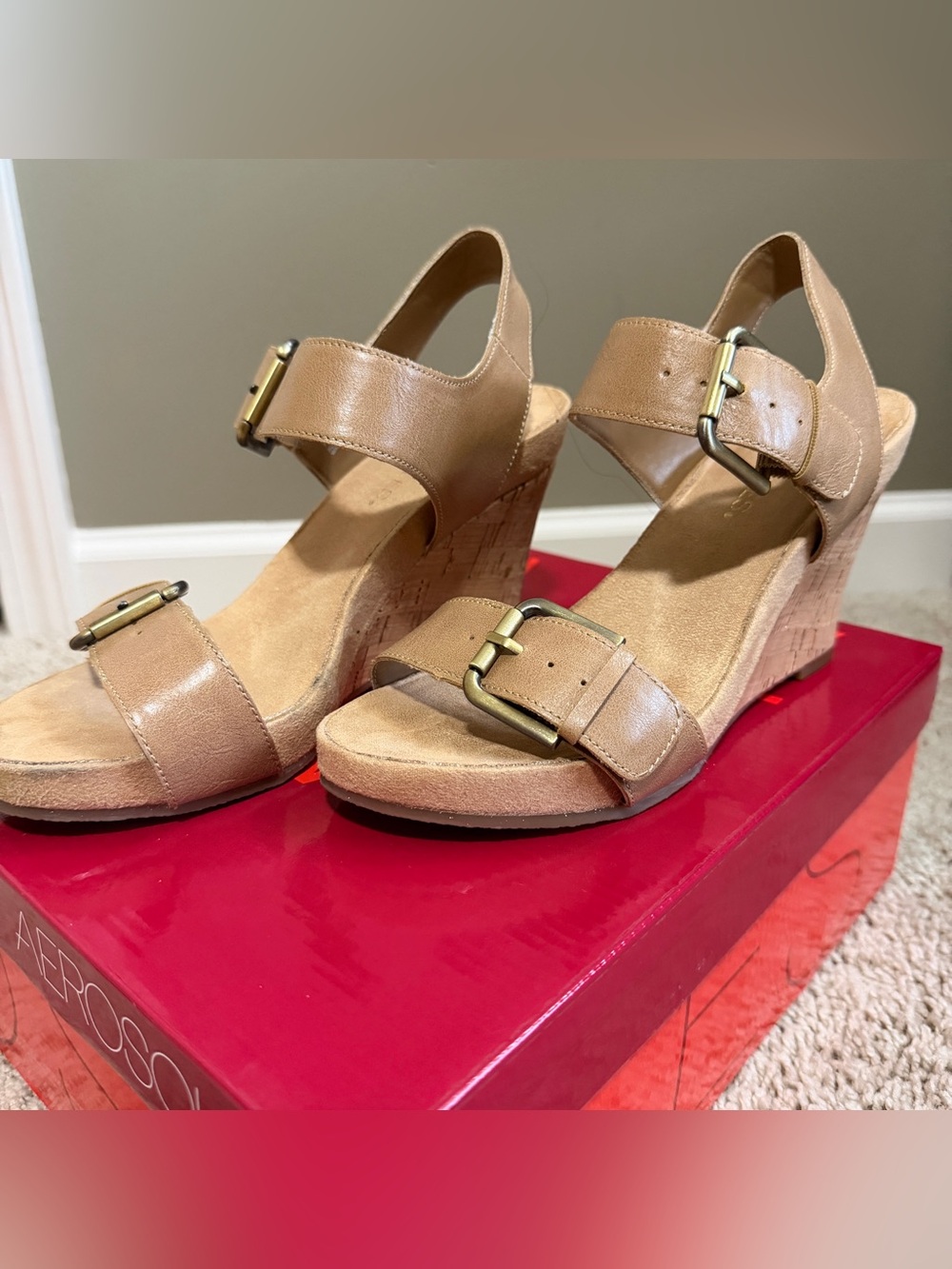 Aerosoles Tan Wedge Sandals with Buckles - Women’s